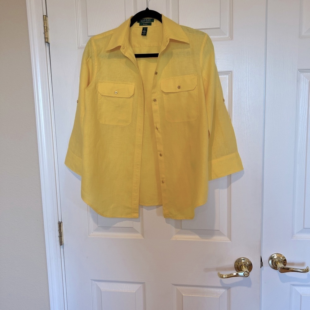 Ralph Lauren Yellow Linen Shirt with button for adjustable sleeves.